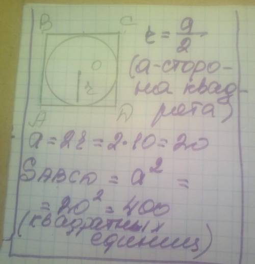 Найти площадь квадрата, описанного около окружности с r = 10