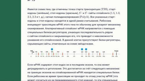 Имеется схема гена, где отмечены точка старта транскрипции (TSS), старт-кодоны (зелёным), стоп-кодон