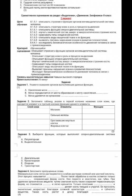 Суммативное оценивание за раздел выделение движение беофизики 8класс