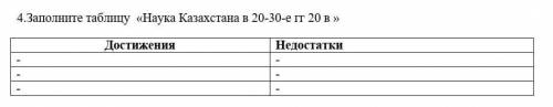 4.Заполните таблицу «Наука Казахстана в 20-30-е гг 20 в » Достижения Недостатки 