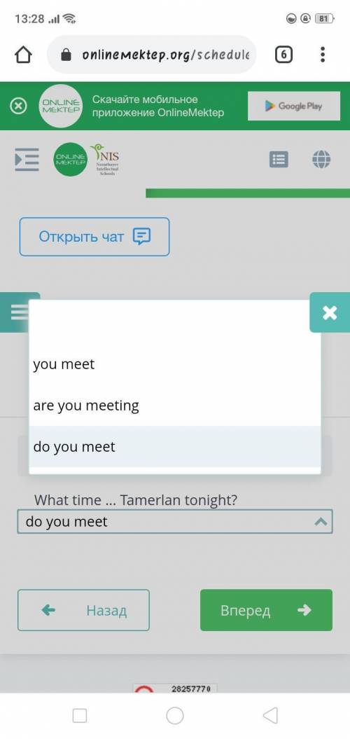 Find the correct item. What time ... Tamerlan to night?