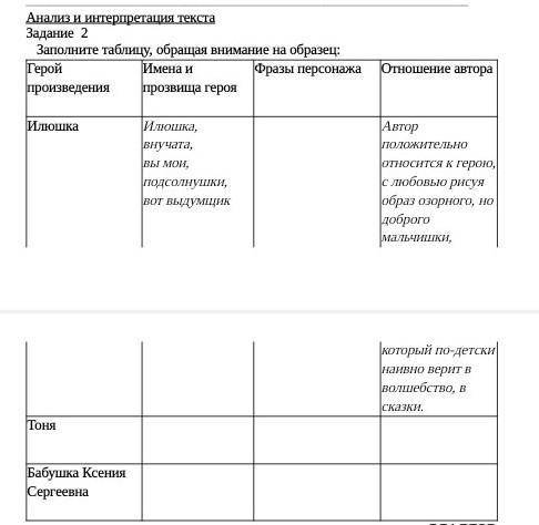 Анализ и интерпретация текста  Задание  2    Заполните таблицу, обращая внимание на образец:за вот т
