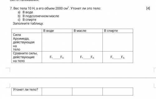 Вес тело 10 н, а его объем 2000см³. утонет ли это тело a) в водеb)в подсолнечном маслеc)в спирте