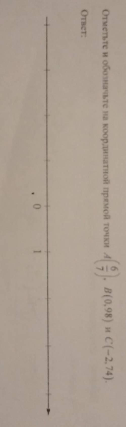 Ребят . отметьте и обозначьте на координатной прямой точки a(6/7) b(0,98) C(-2,74)