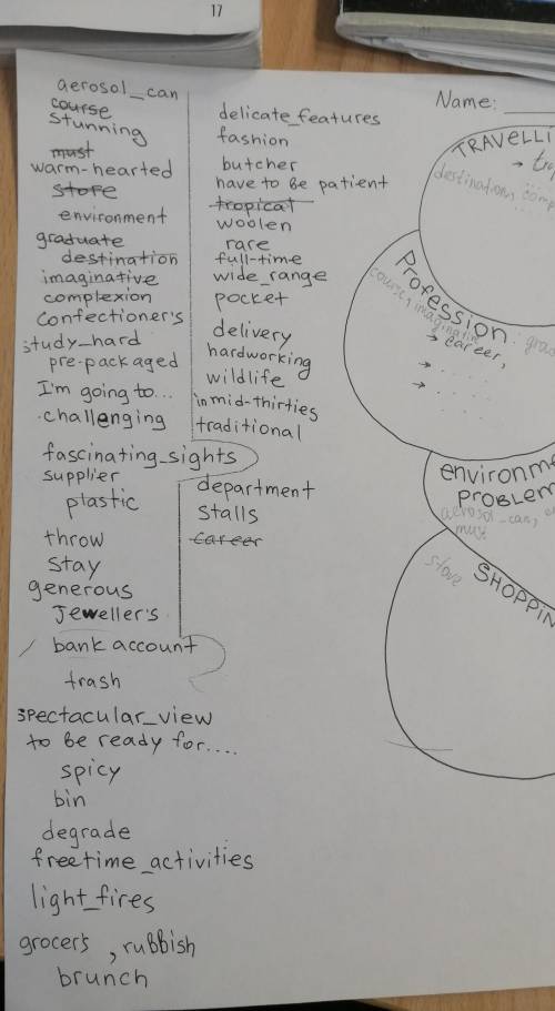 , разложить слова по коробками 1) Travelling2)Profession3)environmental problems4)shopping