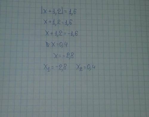 Решите уравнение: |х + 1,2| = 1,6​
