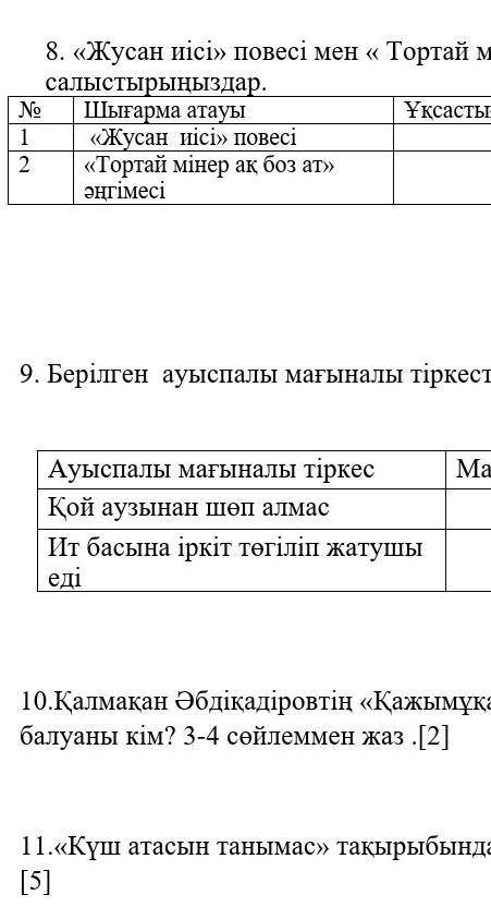 8.Жусан иісі повесі мен Тортай мінер ақ боз ат әңгімесін салыстырыңдар неправилно баннн 9. 10. 11.