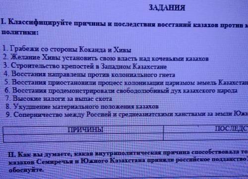 Классифицируйте причины и последствия восстаний казахов против колониальной политики 