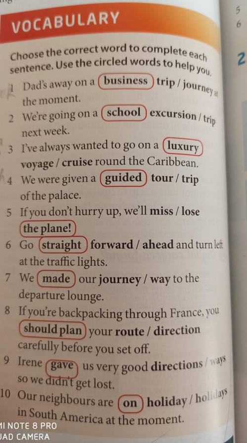 Vocabulary choose the correct word to complete each sentence. use the circled words to help you