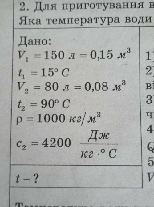 До іть будь ласка Дано:V1=150л=0,15м2t1=15°CV2=80л=0,08м3t2=90°Cp=1000кг/м3с2=4200Дж/кг•°Сt-?