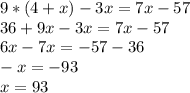 9*(4+x)-3x=7x-57\\36+9x-3x=7x-57\\6x-7x=-57-36\\-x=-93\\x=93