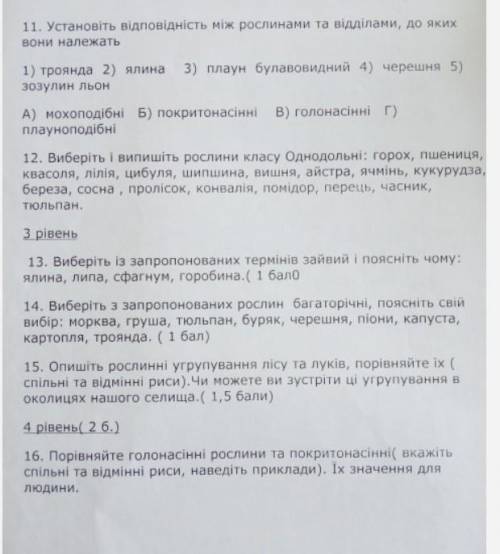 Контрольна робота з біології 6 клас '' різноманітність рослин,,