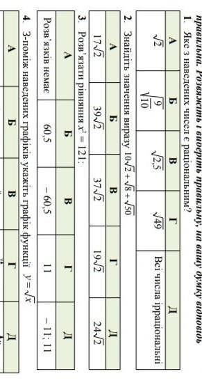 Квадратні корені. Дійсні числа Контрольна робота Варiант 1 Завдання 1-4 мають по 5 варіaнтів відпові