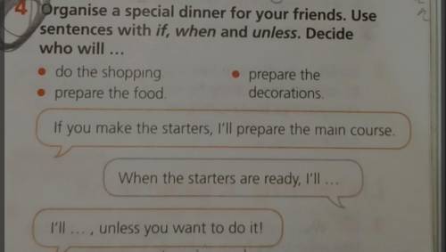 Organise a special dinner for your friends. Use sentences with if, when and unless. Decide who will