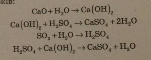 Ca+H2O→Ca(OH)2Ca(OH)2+H2SO4→CaSO4+2H2OSO3+H2O→H2SO4H2SO4+Ca(OH)2→CaSO4+H2O​