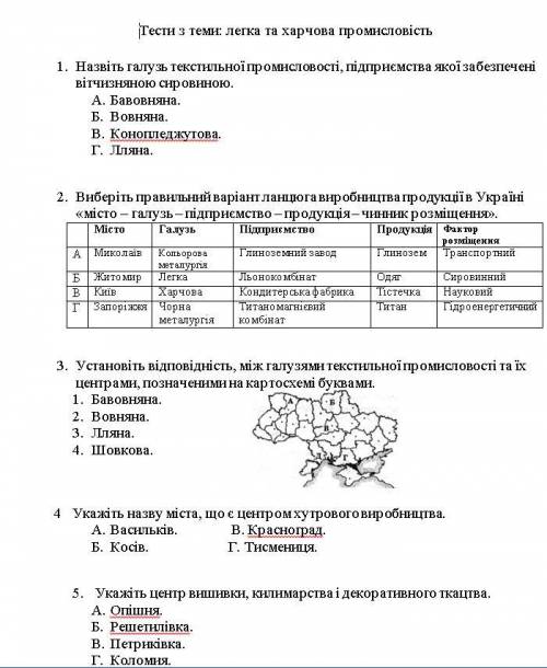 Вкратце, есть контрольная работа, тесты по теме Легка та харчова промисловість. решить эти тесты,