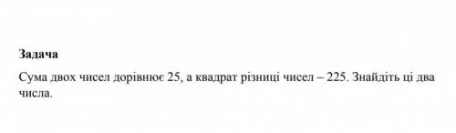 Сума двох чисел дорівнює 25 а сума їх квадратів -225.Згайдіть ці два числа