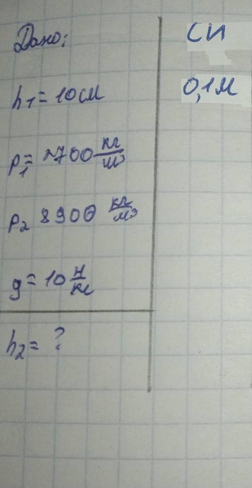Дано: высота-10смпервая плотност-2700кг/м³ вторая плотность-8900кг/м³ Найти:вторую высоту