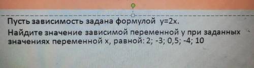 Задание Пусть зависимость задана формулой у=2х.Найдите значение зависимой переменной у при заданныхз