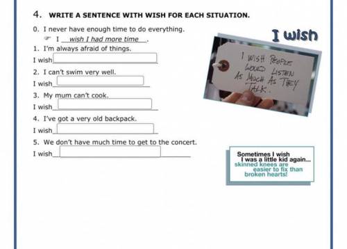 Write a sentence with wish for each situation