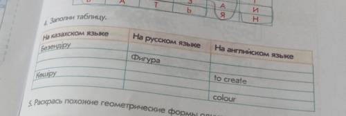 4 заполни таблицу на казахском Безендіру Көшеру На руском Фигура На англиском to create colour