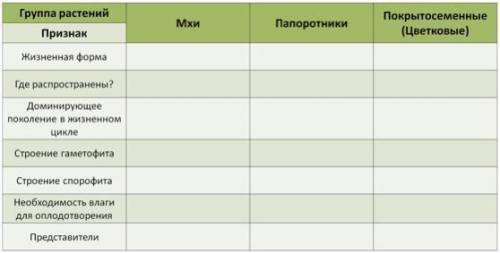 Группа рослин: Мохи (Політрих звичайний) | Папороті (Щитник чоловічий) | Покритонасінні ( Квіткові )