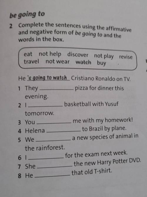 2 Complete the sentences using the affirmative and negative form of be going to and thewords in the