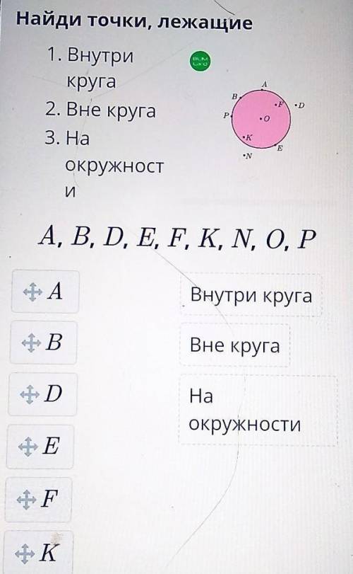 Окружность. Круг. Круговой сектор Найди точки, лежащие: внутри круга: ; вне круга: ; на окружности: