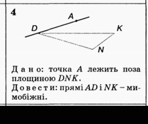Дано: Точка A лежить поза площиною DNK. Довести, що прямі AD і NK - мимобіжні. 