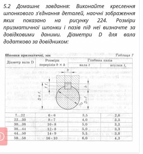 Виконайте на аркуші паперу А4 креслення шпонкового з'єднання деталей. Розміри призматичної шпонки і