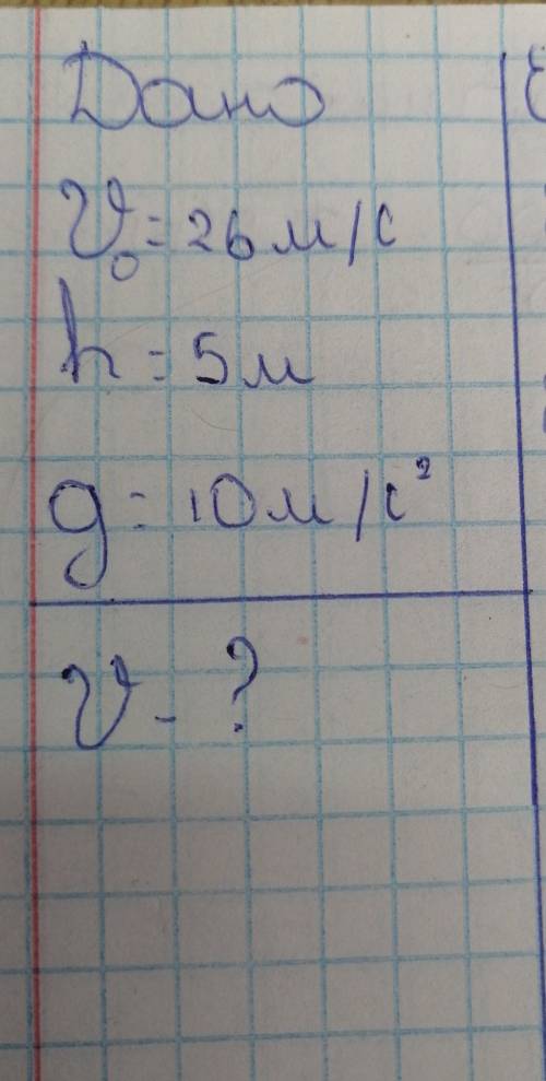 Дано:V0= 26 м/сh=5мg=10м/сЗнайти:V-? 
