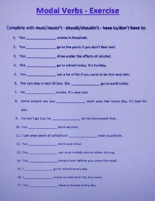 Complete with must/mustn't - should/shouldn't - have to/don't have to.​