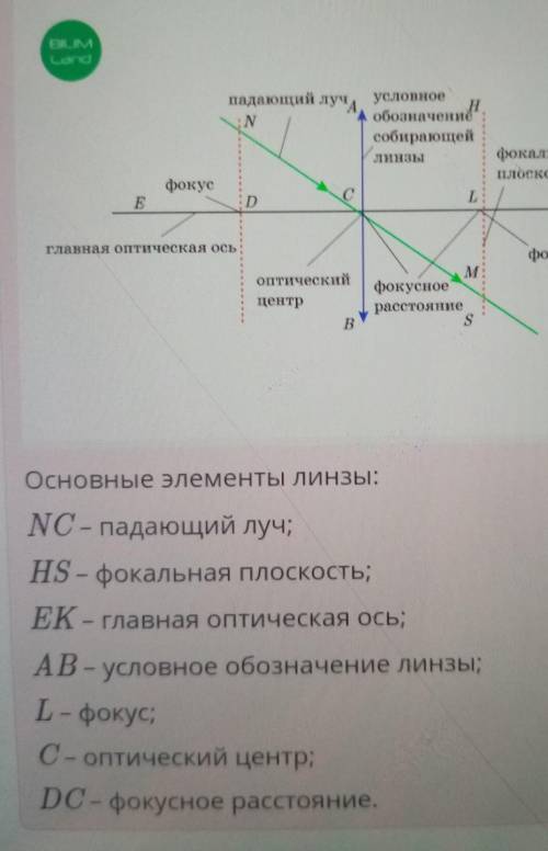 Соотнеси элементы линзы, обозначенные буквами, с соответствующими линиями иточками на рисунке ниже.A