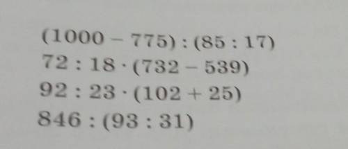 (1000 - 775): (85:17)72:18. (732 - 539)92: 23. (102 + 25)846 : (93:31) По действиям