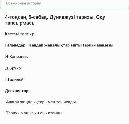 Кестені толтыр ҒалымдарҚандай жаңалықтар аштыТарихи маңызыН.Коперник Д.Бруно Г.Галилей 