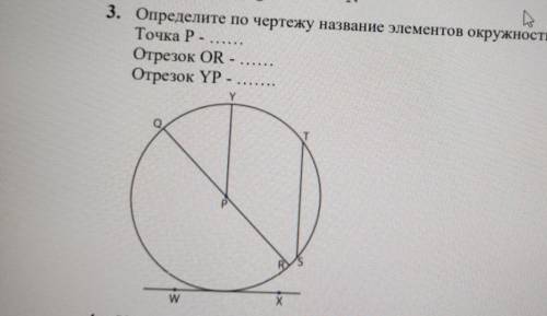 3. Определите по чертежу название элементов окружности, заполните таблицу. Точка Р.Отрезок OR -..Отр