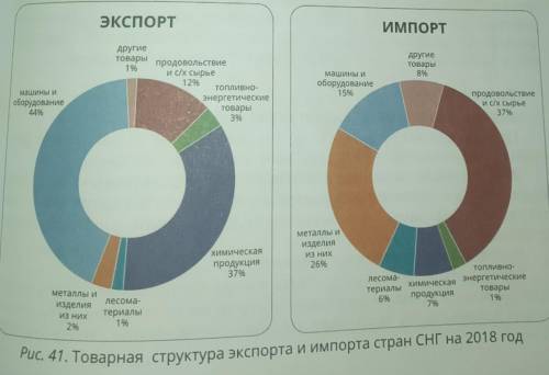 Дайте характеристику товарной структуре экспорта и импорта стран СНГ на 2018 год (Рис. 41).