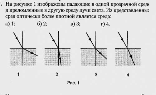 на рисунке 1 изображены падающие в одной прозрачной сред и преломленные во вторую среду лучи света. 