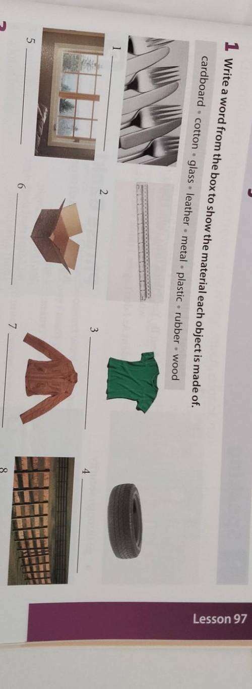 Write a word from the box to show the material each object is made of