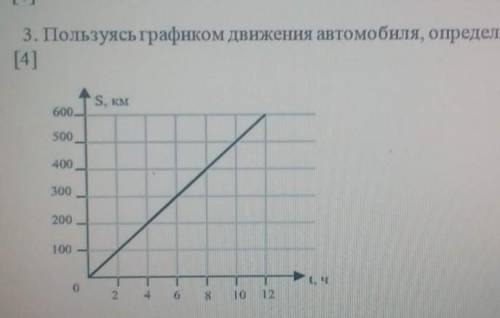 3. Пользуясь графиком движения автомобиля, определите: [4] 600. 500 400 300 200 100 S 1 KM 8 10 12​