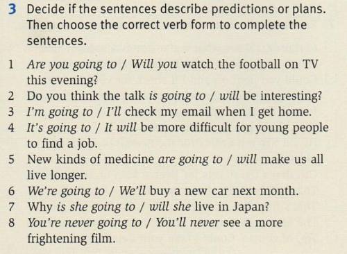Decide if the sentences describe predictions or plans. Then choose the correct verb form to complete