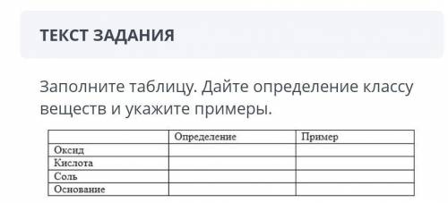 Заполните таблицу. дайте определение классу веществ и укажите примеры