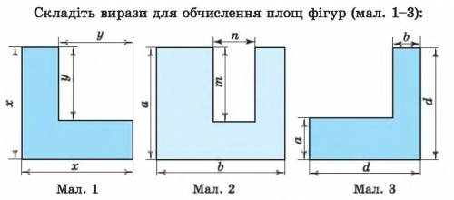 Складіть вирази для обчислення площ фігур.