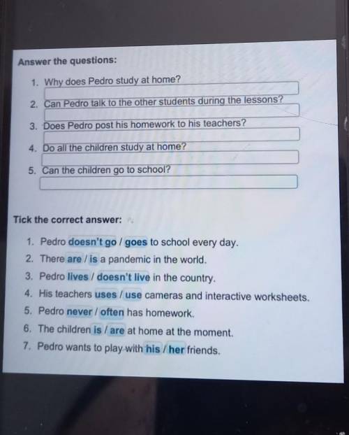 Answer the questions: 1. Why does Pedro study at home?2. Can Pedro talk to the other students during