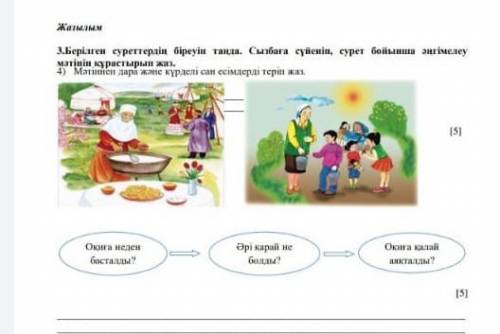 Берілген суреттердің біреуін таңда.Сызбаға сүйеніп сурет бойынша әңгімелеу мәтінін құрастырып жаз