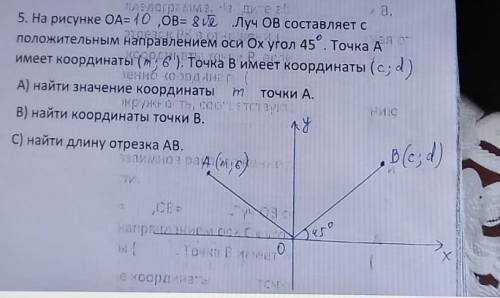 5. На рисунке ОА= 10; OB= 8√2 Луч ОВ составляет сположительным направлением оси Ox угол 45°. 
