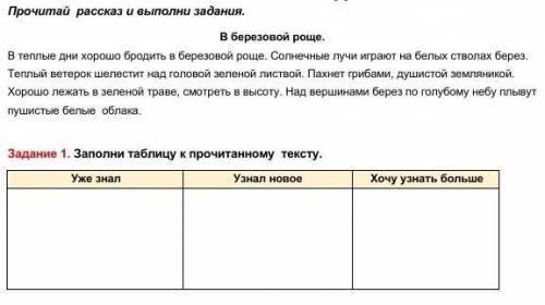 В березовой роще.Задание 1. Заполни таблицу к прочитанному тексту. 