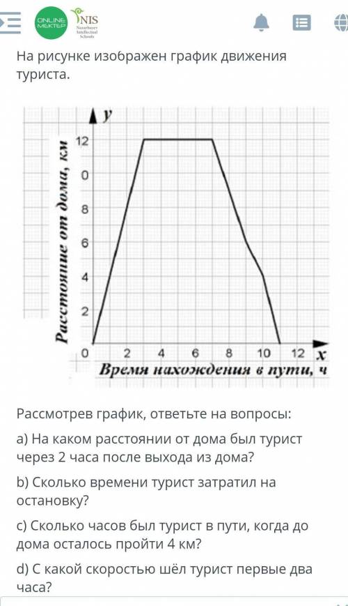 ТЕКСТ ЗАДАНИЯ На рисунке изображен график движения туриста.Рассмотрев график, ответьте на вопросы:a