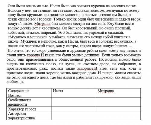 Прочитайте отрывок из произведения М.М. Пришвин «Кладовая солнца» и заполните таблицу.