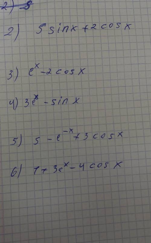 2) 5 sinx+cosxex_2 cosx4) 3 * -sinx5) s -e-**3 cost61 17 3 et 4 cos x